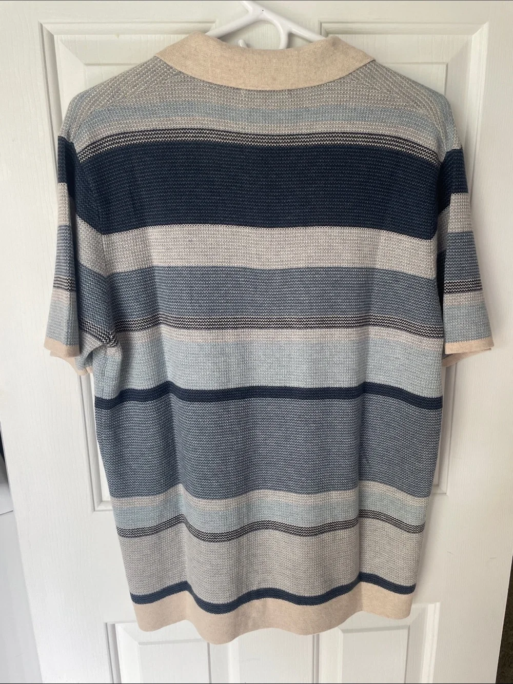 Marine Layer Men's Short-Sleeve Striped Polo in Navy, Light Blue & Beige - Picture 4 of 4